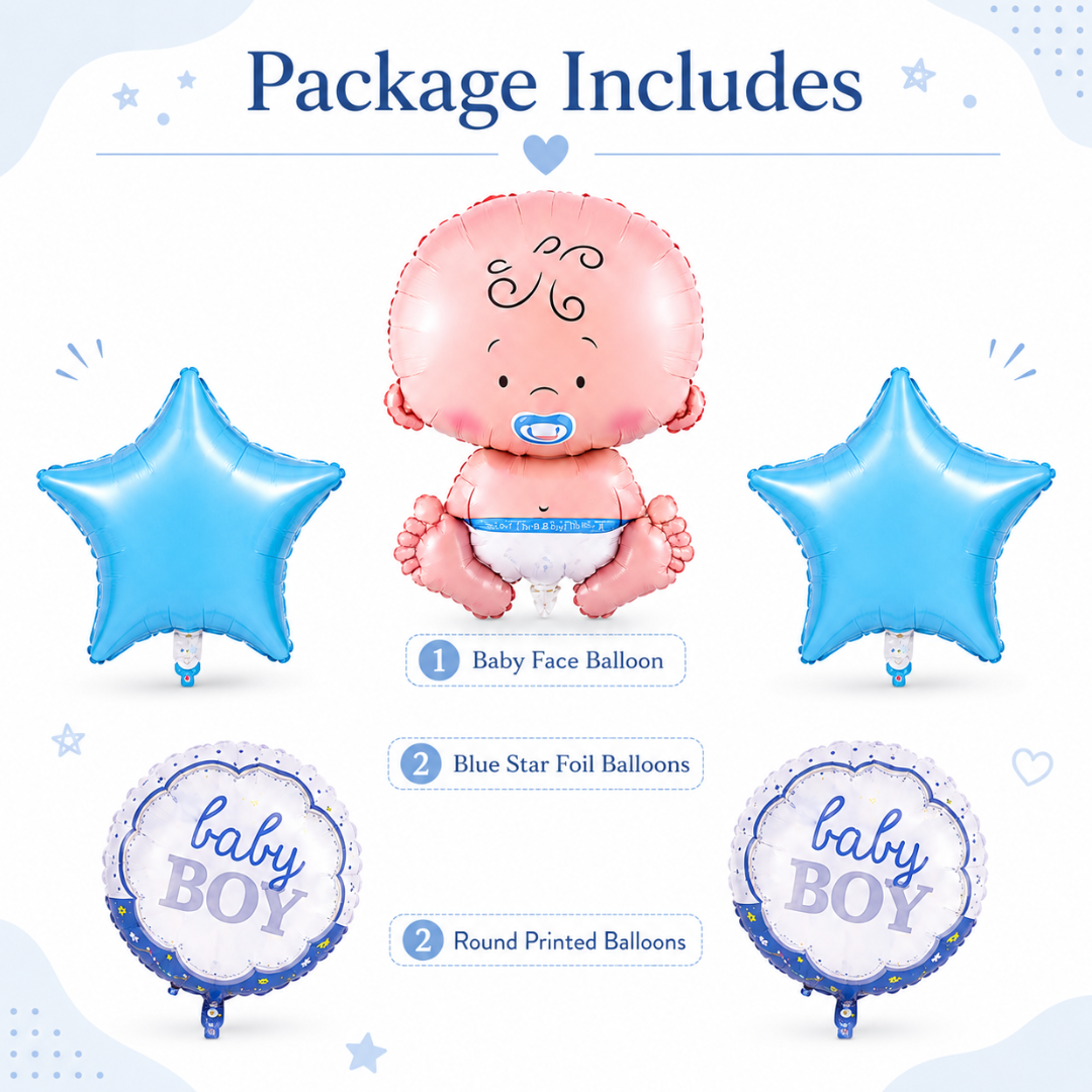 Baby Boy Balloon Bouquet Set – 5 Pcs | Cute Blue Foil Balloons for Baby Shower, Welcome Baby & Newborn Room Decoration