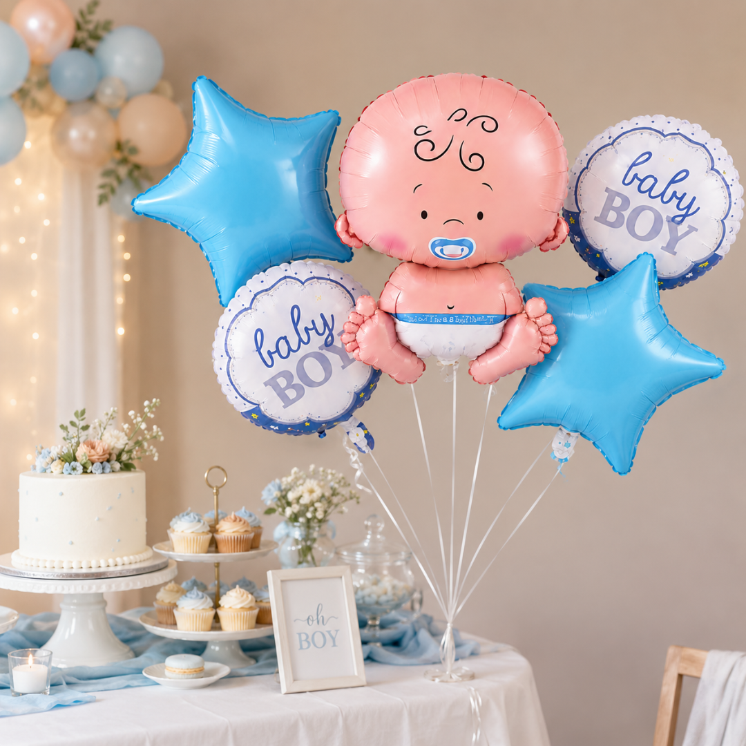 Baby Boy Balloon Bouquet Set – 5 Pcs | Cute Blue Foil Balloons for Baby Shower, Welcome Baby & Newborn Room Decoration