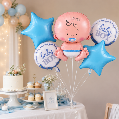 Baby Boy Balloon Bouquet Set – 5 Pcs | Cute Blue Foil Balloons for Baby Shower, Welcome Baby & Newborn Room Decoration