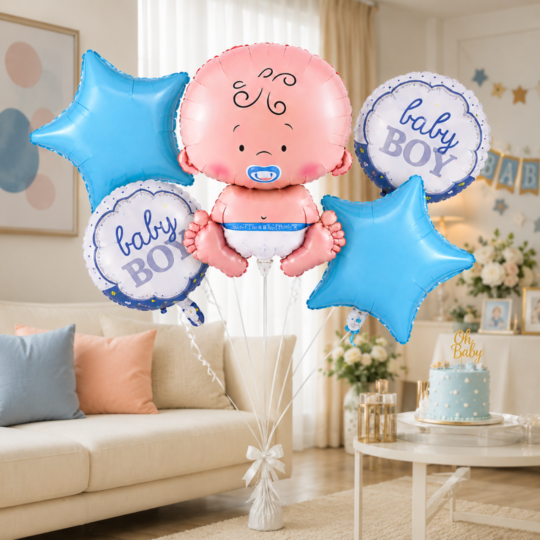 Baby Boy Balloon Bouquet Set – 5 Pcs | Cute Blue Foil Balloons for Baby Shower, Welcome Baby & Newborn Room Decoration
