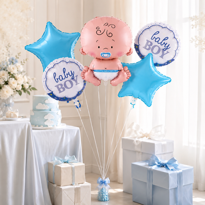 Baby Boy Balloon Bouquet Set – 5 Pcs | Cute Blue Foil Balloons for Baby Shower, Welcome Baby & Newborn Room Decoration
