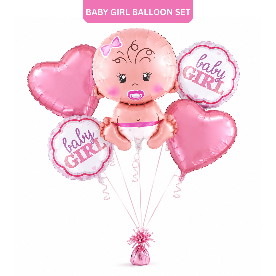 Baby Girl Balloon Bouquet Set – 5 Pcs | Cute Pink Foil Balloons with Baby Face & Hearts for Baby Shower, Welcome Baby & Newborn Room Decoration