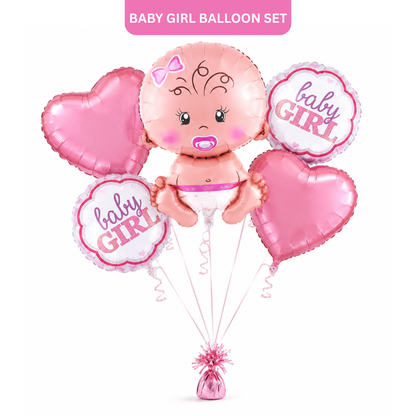 Baby Girl Balloon Bouquet Set – 5 Pcs | Cute Pink Foil Balloons with Baby Face & Hearts for Baby Shower, Welcome Baby & Newborn Room Decoration