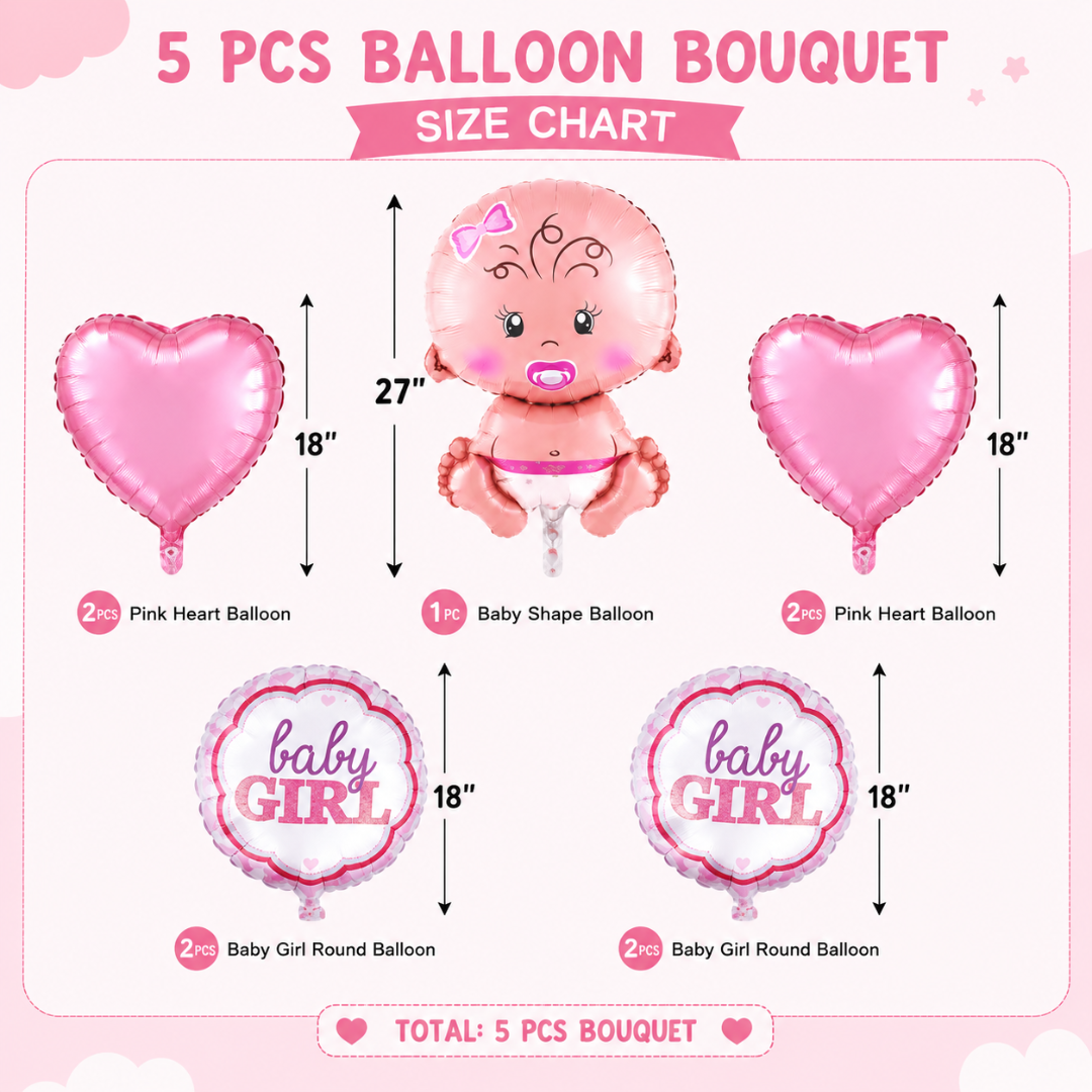 Baby Girl Balloon Bouquet Set – 5 Pcs | Cute Pink Foil Balloons with Baby Face & Hearts for Baby Shower, Welcome Baby & Newborn Room Decoration