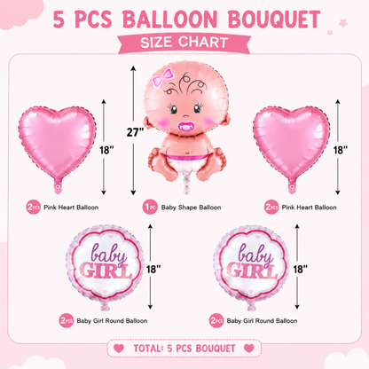 Baby Girl Balloon Bouquet Set – 5 Pcs | Cute Pink Foil Balloons with Baby Face & Hearts for Baby Shower, Welcome Baby & Newborn Room Decoration