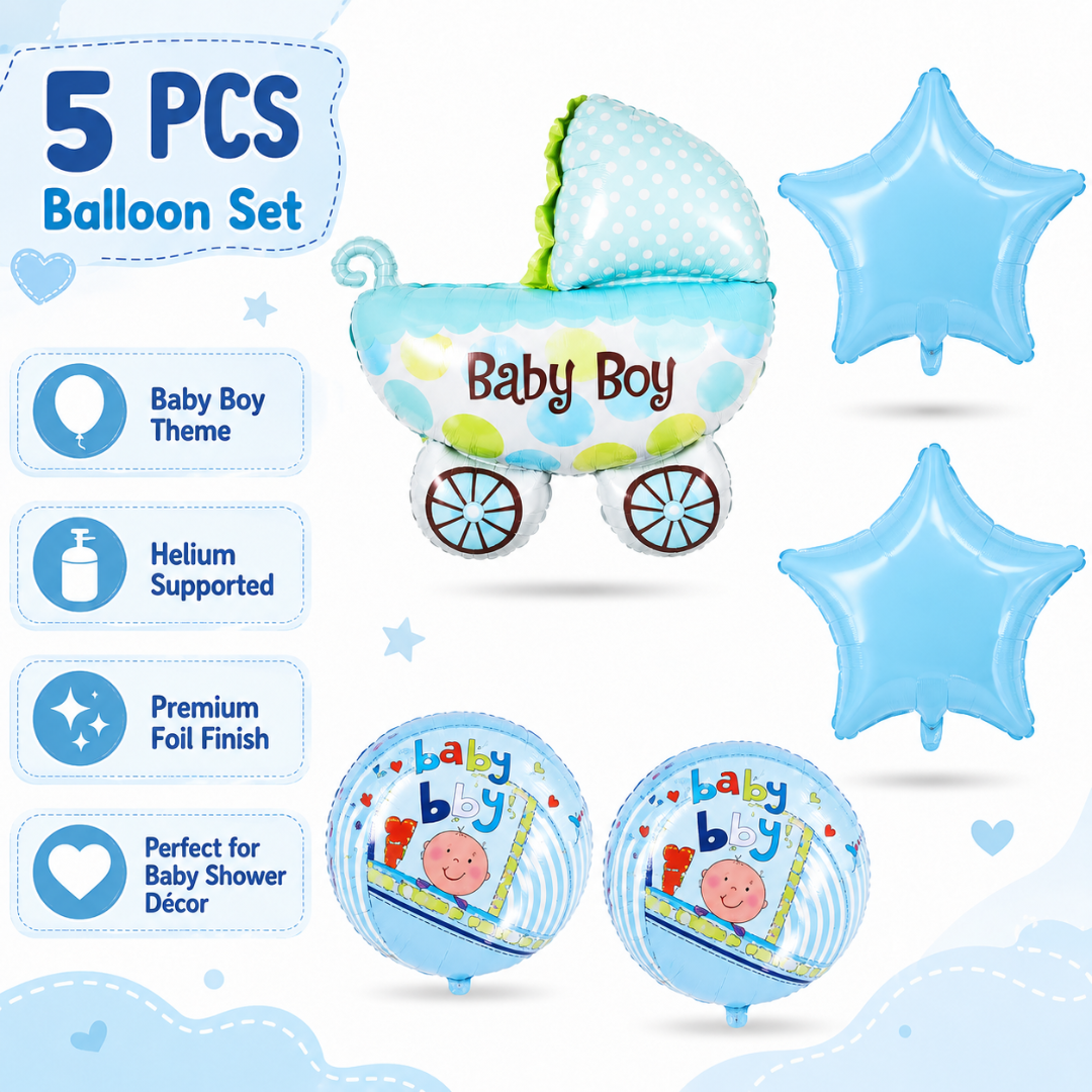 Baby Boy Pram Balloon Bouquet Set – 5 Pcs | Cute Blue Baby Carriage Foil Balloons for Baby Shower, Welcome Baby & Newborn Room Decoration