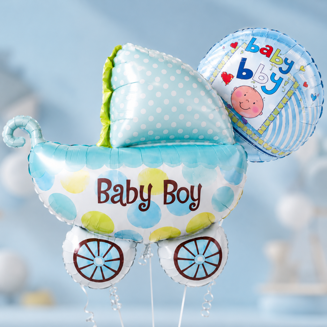 Baby Boy Pram Balloon Bouquet Set – 5 Pcs | Cute Blue Baby Carriage Foil Balloons for Baby Shower, Welcome Baby & Newborn Room Decoration