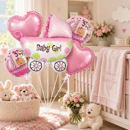 Baby Girl Pram Balloon Bouquet Set – 5 Pcs | Cute Pink Baby Carriage Foil Balloons for Baby Shower, Welcome Baby & Newborn Room Decoration