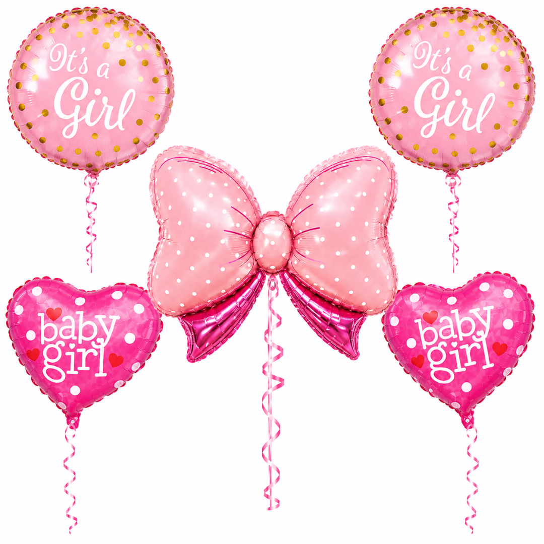 Pink Bow It’s a Girl Balloon Bouquet Set – 5 Pcs | Cute Pink Foil Balloons for Baby Shower, Welcome Baby Girl & Newborn Room Decoration