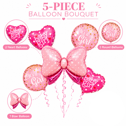 Pink Bow It’s a Girl Balloon Bouquet Set – 5 Pcs | Cute Pink Foil Balloons for Baby Shower, Welcome Baby Girl & Newborn Room Decoration