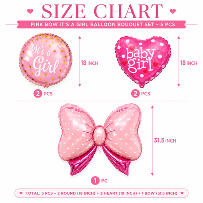 Pink Bow It’s a Girl Balloon Bouquet Set – 5 Pcs | Cute Pink Foil Balloons for Baby Shower, Welcome Baby Girl & Newborn Room Decoration