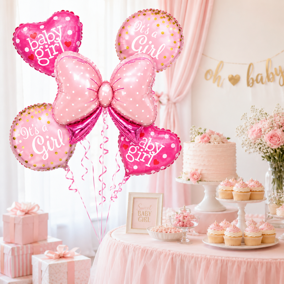 Pink Bow It’s a Girl Balloon Bouquet Set – 5 Pcs | Cute Pink Foil Balloons for Baby Shower, Welcome Baby Girl & Newborn Room Decoration