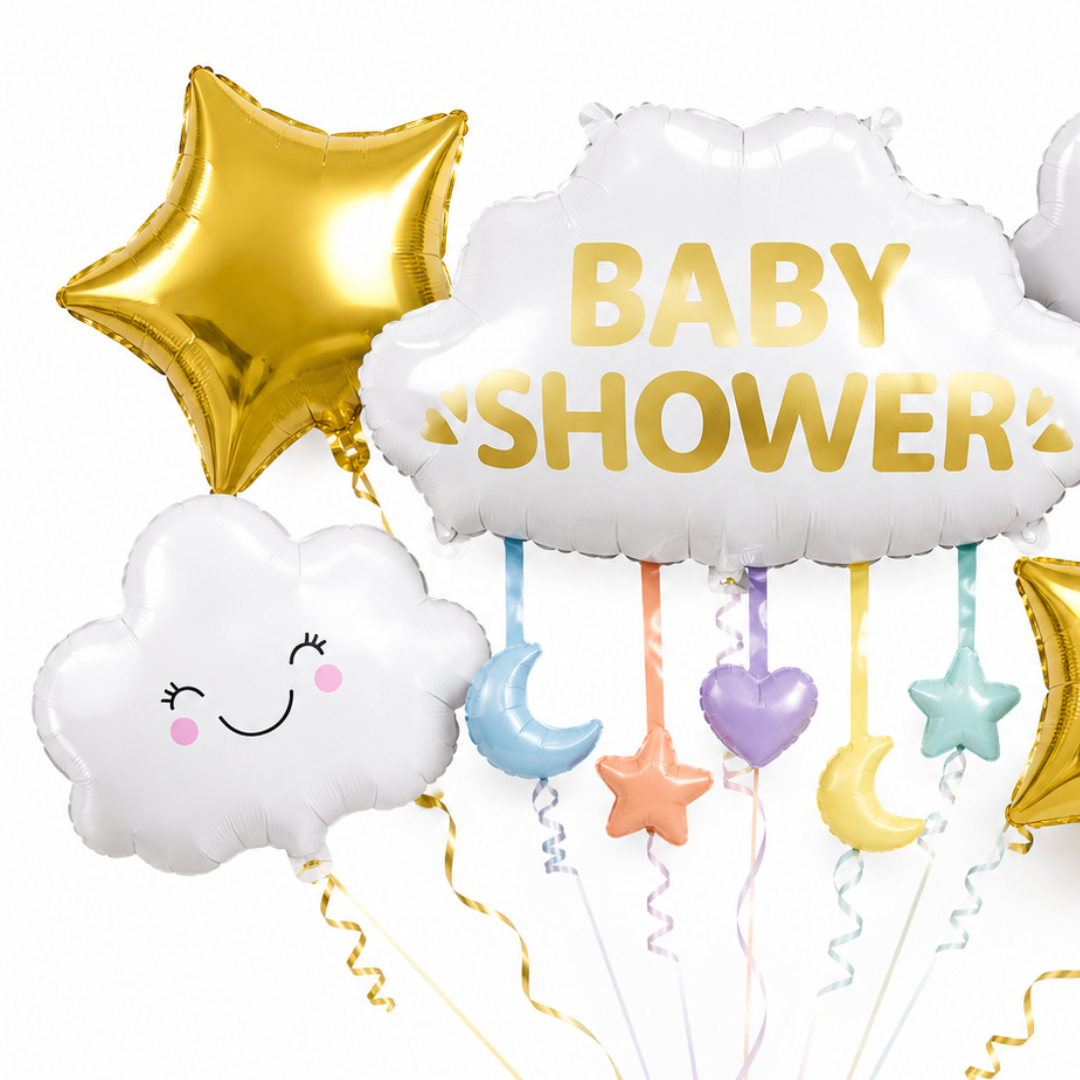 Baby Shower Cloud Balloon Bouquet Set – 5 Pcs | Cute Cloud & Gold Star Foil Balloons for Baby Shower, Welcome Baby Party & Newborn Room Decoration
