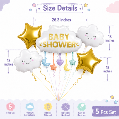 Baby Shower Cloud Balloon Bouquet Set – 5 Pcs | Cute Cloud & Gold Star Foil Balloons for Baby Shower, Welcome Baby Party & Newborn Room Decoration
