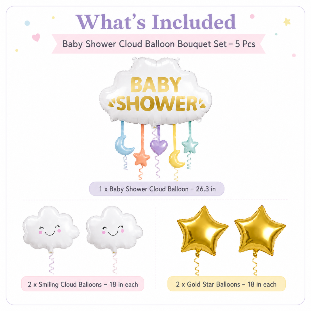 Baby Shower Cloud Balloon Bouquet Set – 5 Pcs | Cute Cloud & Gold Star Foil Balloons for Baby Shower, Welcome Baby Party & Newborn Room Decoration