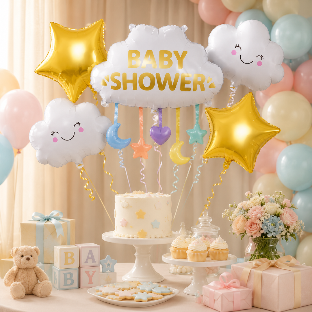 Baby Shower Cloud Balloon Bouquet Set – 5 Pcs | Cute Cloud & Gold Star Foil Balloons for Baby Shower, Welcome Baby Party & Newborn Room Decoration