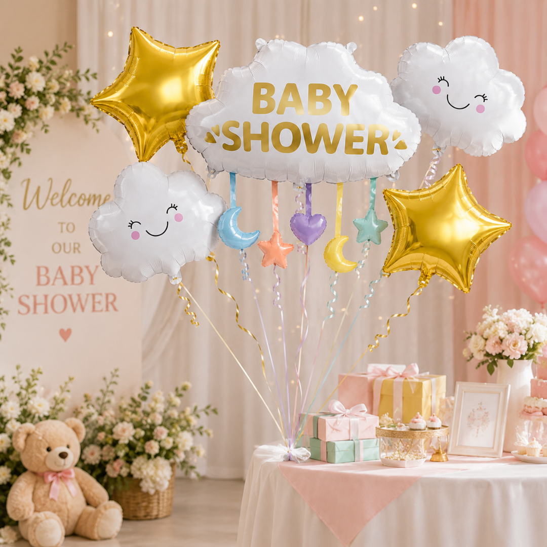 Baby Shower Cloud Balloon Bouquet Set – 5 Pcs | Cute Cloud & Gold Star Foil Balloons for Baby Shower, Welcome Baby Party & Newborn Room Decoration