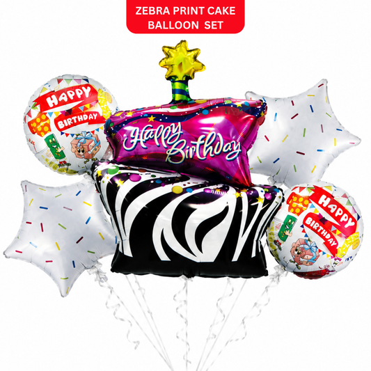 Zebra Print Happy Birthday Cake Balloon Bouquet Set – 5 Pcs | Fun Cake, Star & Round Foil Balloons for Birthday Party Decoration