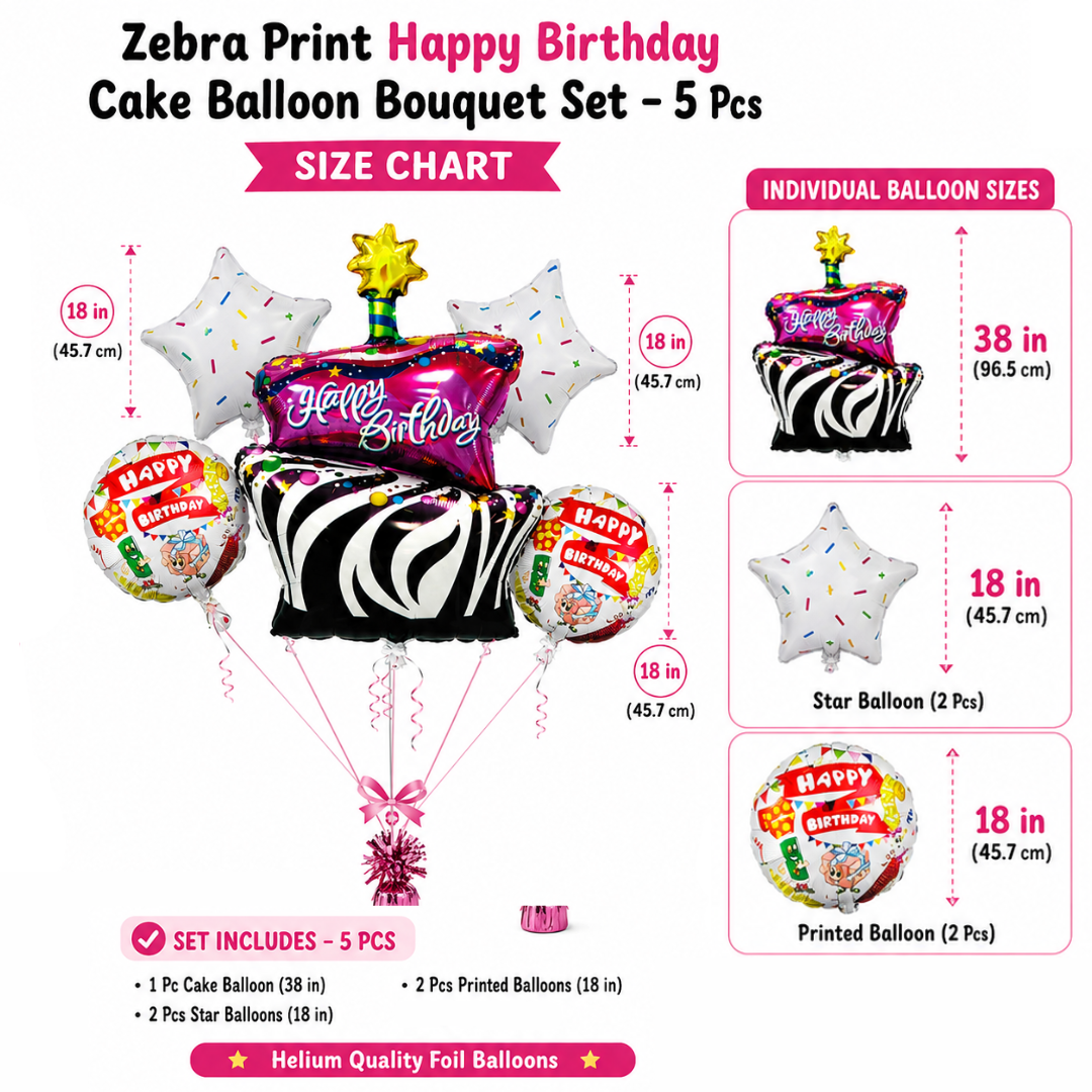 Zebra Print Happy Birthday Cake Balloon Bouquet Set – 5 Pcs | Fun Cake, Star & Round Foil Balloons for Birthday Party Decoration