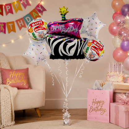 Zebra Print Happy Birthday Cake Balloon Bouquet Set – 5 Pcs | Fun Cake, Star & Round Foil Balloons for Birthday Party Decoration