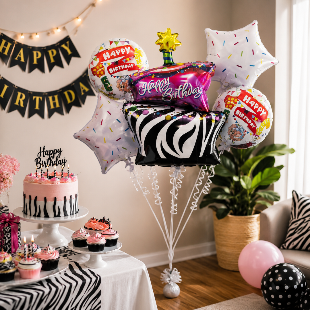 Zebra Print Happy Birthday Cake Balloon Bouquet Set – 5 Pcs | Fun Cake, Star & Round Foil Balloons for Birthday Party Decoration