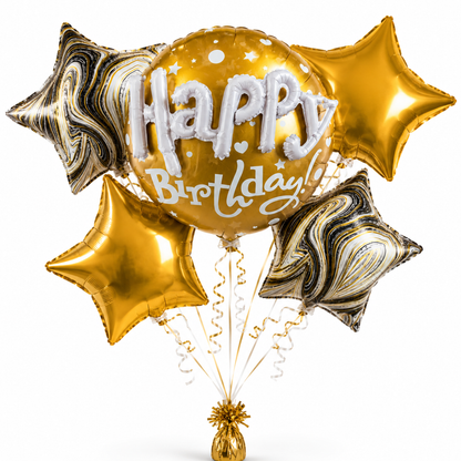 Happy Birthday 3D Golden Balloon Bouquet Set – 5 Pcs | Premium Gold Star Foil Balloons for Birthday Party Decoration