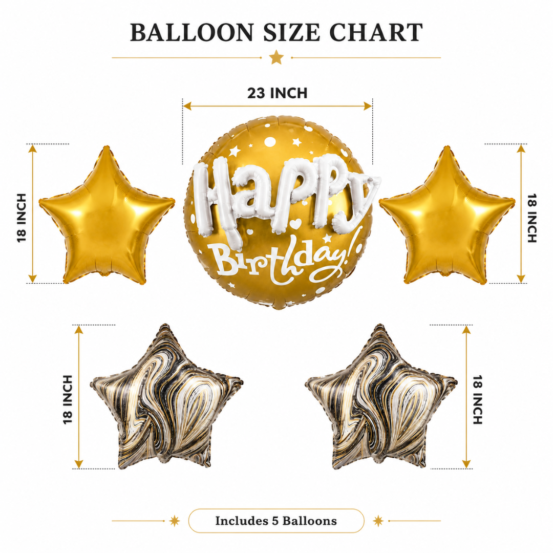 Happy Birthday 3D Golden Balloon Bouquet Set – 5 Pcs | Premium Gold Star Foil Balloons for Birthday Party Decoration