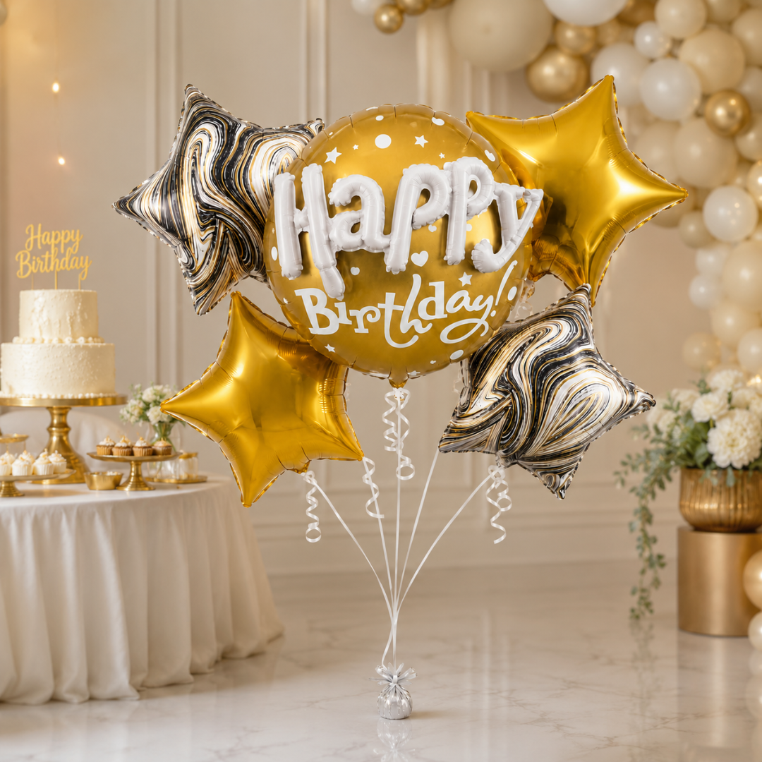 Happy Birthday 3D Golden Balloon Bouquet Set – 5 Pcs | Premium Gold Star Foil Balloons for Birthday Party Decoration
