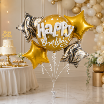 Happy Birthday 3D Golden Balloon Bouquet Set – 5 Pcs | Premium Gold Star Foil Balloons for Birthday Party Decoration