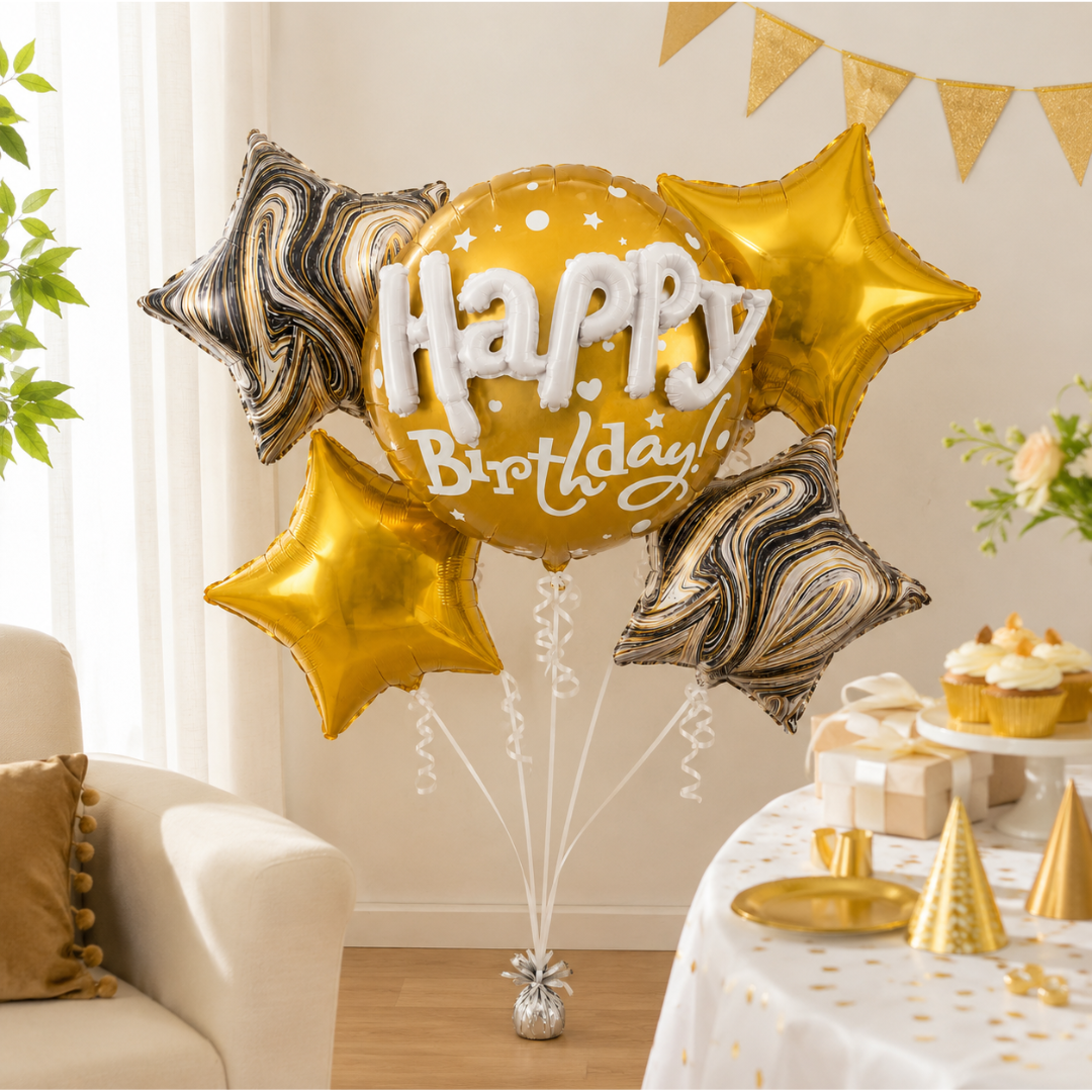 Happy Birthday 3D Golden Balloon Bouquet Set – 5 Pcs | Premium Gold Star Foil Balloons for Birthday Party Decoration