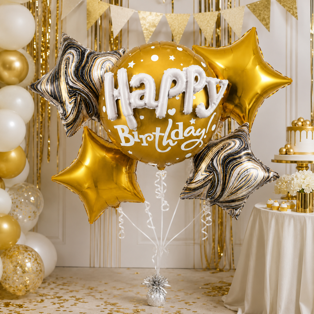 Happy Birthday 3D Golden Balloon Bouquet Set – 5 Pcs | Premium Gold Star Foil Balloons for Birthday Party Decoration