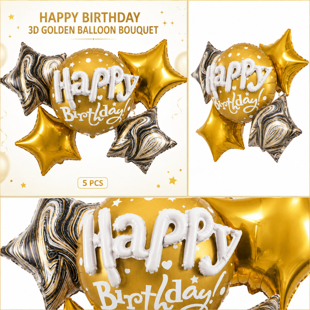 Happy Birthday 3D Golden Balloon Bouquet Set – 5 Pcs | Premium Gold Star Foil Balloons for Birthday Party Decoration
