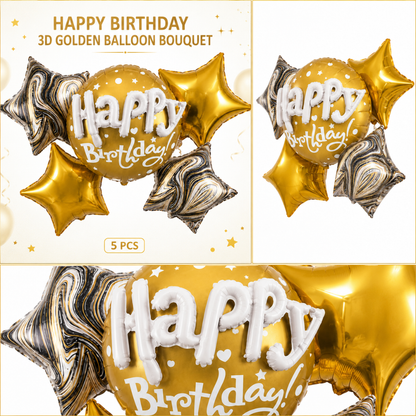 Happy Birthday 3D Golden Balloon Bouquet Set – 5 Pcs | Premium Gold Star Foil Balloons for Birthday Party Decoration
