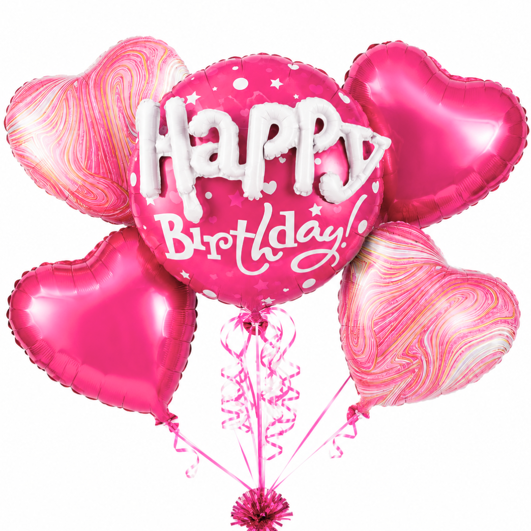 Happy Birthday 3D Pink Balloon Bouquet Set – 5 Pcs | Pink Heart Foil Balloons for Birthday Party Decoration