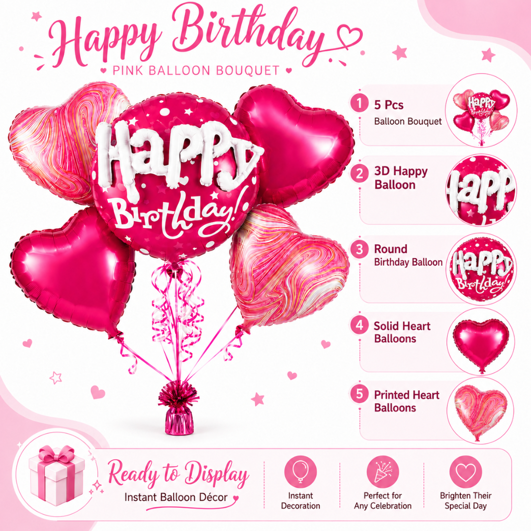 Happy Birthday 3D Pink Balloon Bouquet Set – 5 Pcs | Pink Heart Foil Balloons for Birthday Party Decoration