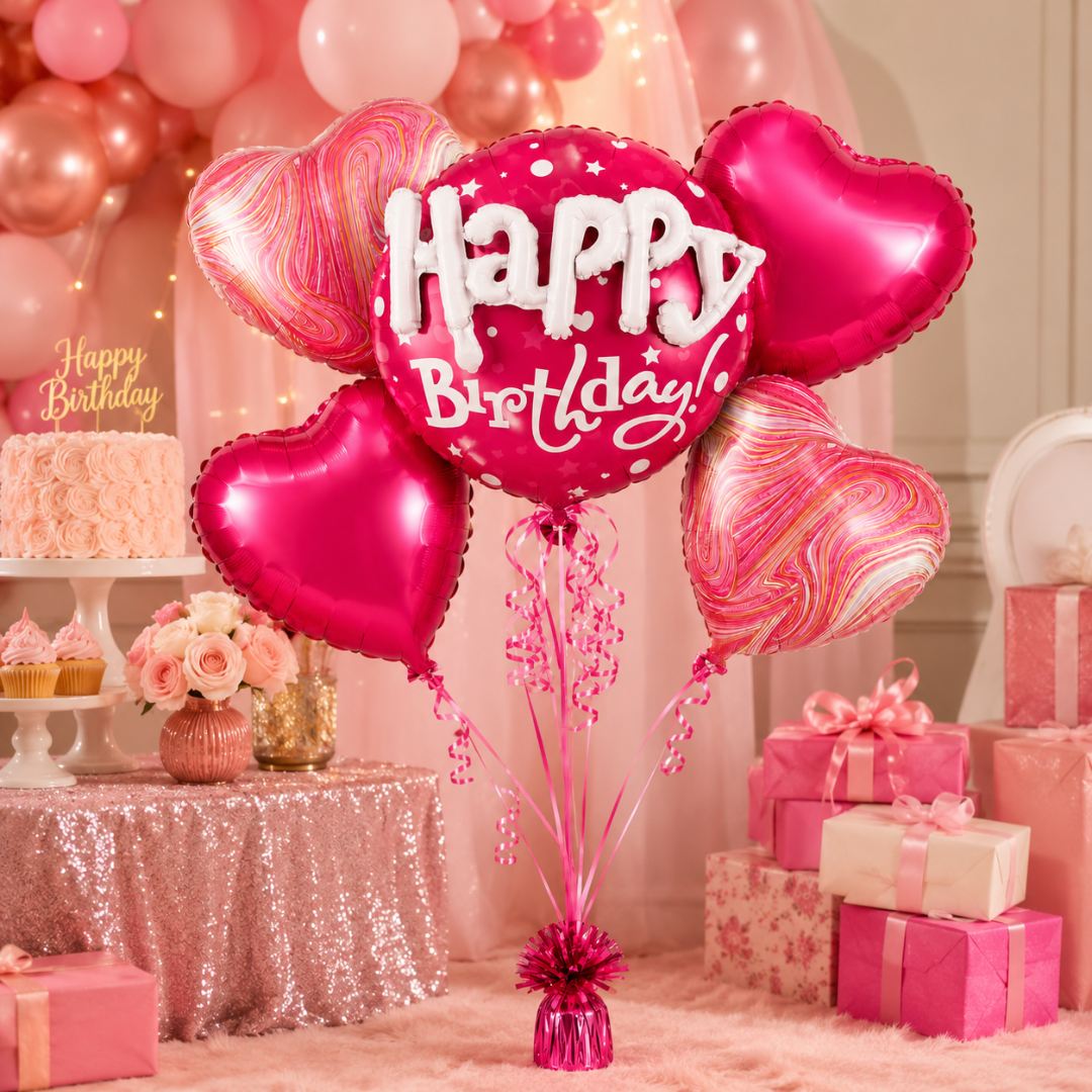 Happy Birthday 3D Pink Balloon Bouquet Set – 5 Pcs | Pink Heart Foil Balloons for Birthday Party Decoration