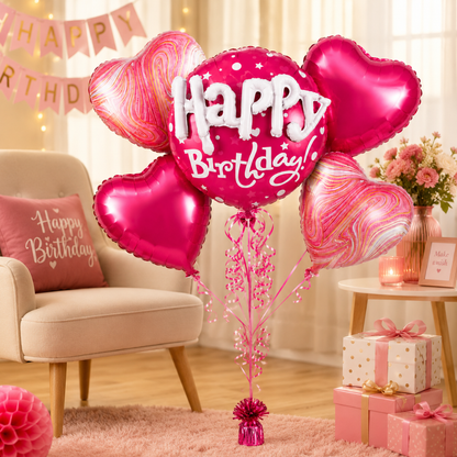 Happy Birthday 3D Pink Balloon Bouquet Set – 5 Pcs | Pink Heart Foil Balloons for Birthday Party Decoration