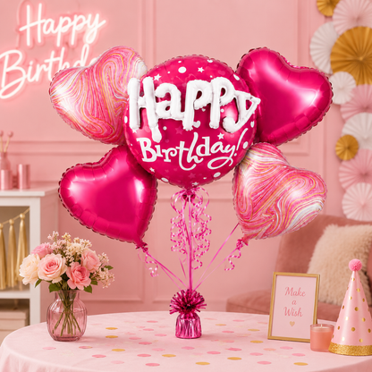 Happy Birthday 3D Pink Balloon Bouquet Set – 5 Pcs | Pink Heart Foil Balloons for Birthday Party Decoration