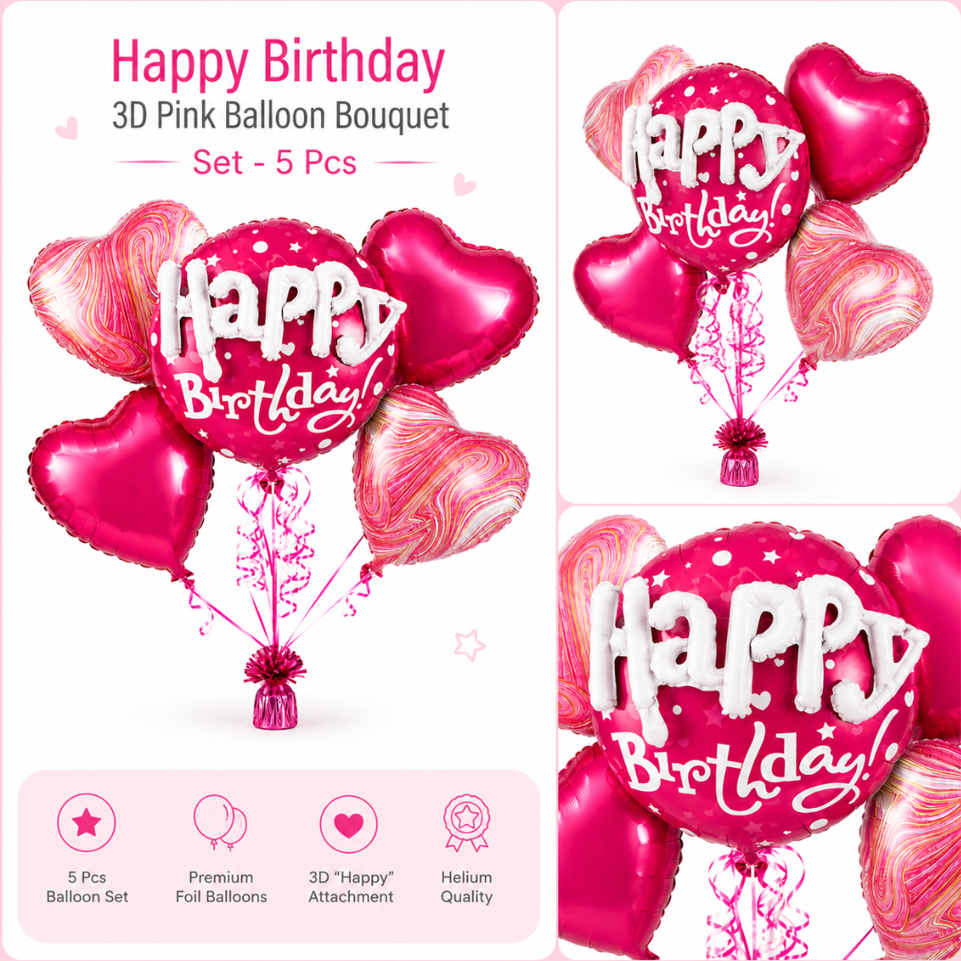 Happy Birthday 3D Pink Balloon Bouquet Set – 5 Pcs | Pink Heart Foil Balloons for Birthday Party Decoration