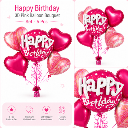 Happy Birthday 3D Pink Balloon Bouquet Set – 5 Pcs | Pink Heart Foil Balloons for Birthday Party Decoration