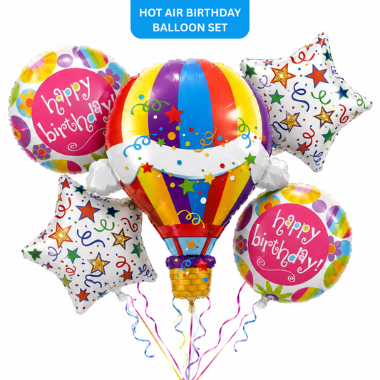 Hot Air Balloon Birthday Balloon Bouquet Set – 5 Pcs | Colorful Foil Balloons for Kids Birthday Party, Celebration Decor & Photo Backdrop