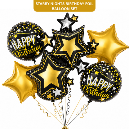 Starry Nights Birthday Foil Balloon Bouquet Set of 5 | Black & Gold Theme Helium Supported Balloons for Birthday Party Decoration, Cake Table Setup & Celebration Backdrop