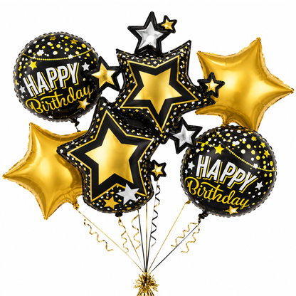 Starry Nights Birthday Foil Balloon Bouquet Set of 5 | Black & Gold Theme Helium Supported Balloons for Birthday Party Decoration, Cake Table Setup & Celebration Backdrop