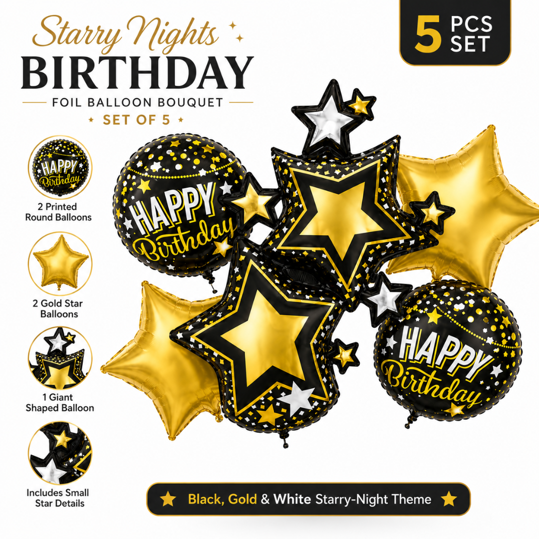 Starry Nights Birthday Foil Balloon Bouquet Set of 5 | Black & Gold Theme Helium Supported Balloons for Birthday Party Decoration, Cake Table Setup & Celebration Backdrop