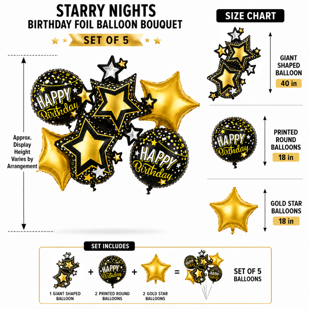 Starry Nights Birthday Foil Balloon Bouquet Set of 5 | Black & Gold Theme Helium Supported Balloons for Birthday Party Decoration, Cake Table Setup & Celebration Backdrop