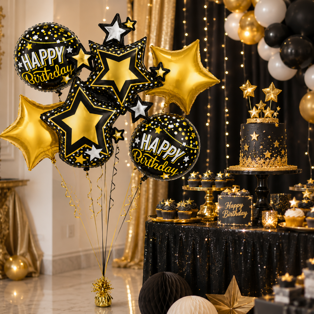 Starry Nights Birthday Foil Balloon Bouquet Set of 5 | Black & Gold Theme Helium Supported Balloons for Birthday Party Decoration, Cake Table Setup & Celebration Backdrop
