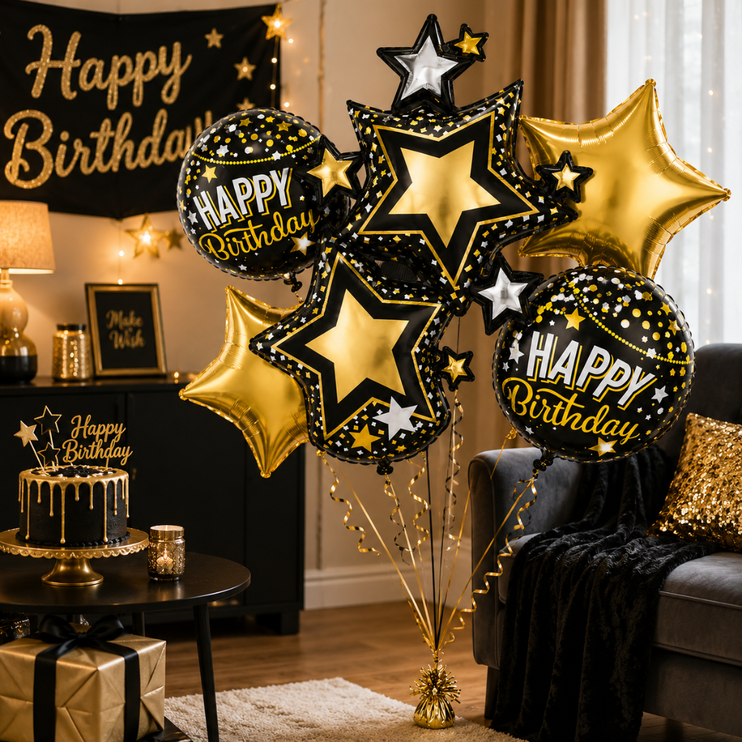 Starry Nights Birthday Foil Balloon Bouquet Set of 5 | Black & Gold Theme Helium Supported Balloons for Birthday Party Decoration, Cake Table Setup & Celebration Backdrop