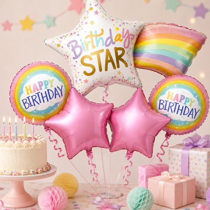 Shooting Star Birthday Balloon Bouquet Set – 5 Pcs | Cute Rainbow & Pink Star Foil Balloons for Kids Birthday Party Decoration