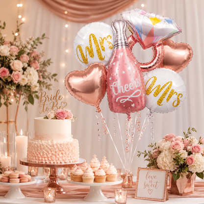 Cheers Pink Champagne Bridal Shower Balloon Bouquet Set – 6 Pcs | Bride-to-Be, Mr & Mrs Foil Balloons for Bridal Shower, Bachelorette & Wedding Party Decoration