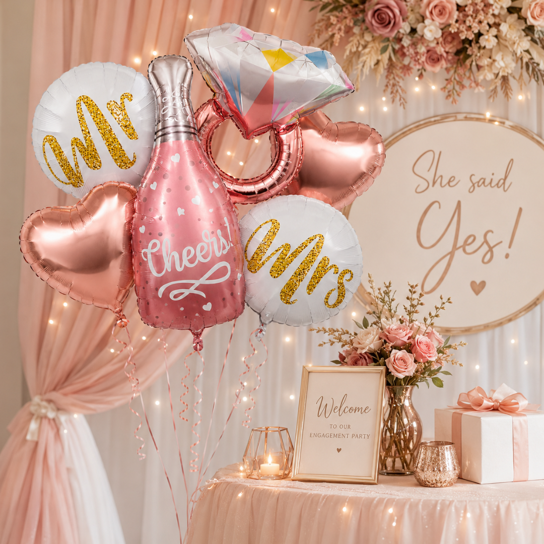 Cheers Pink Champagne Bridal Shower Balloon Bouquet Set – 6 Pcs | Bride-to-Be, Mr & Mrs Foil Balloons for Bridal Shower, Bachelorette & Wedding Party Decoration